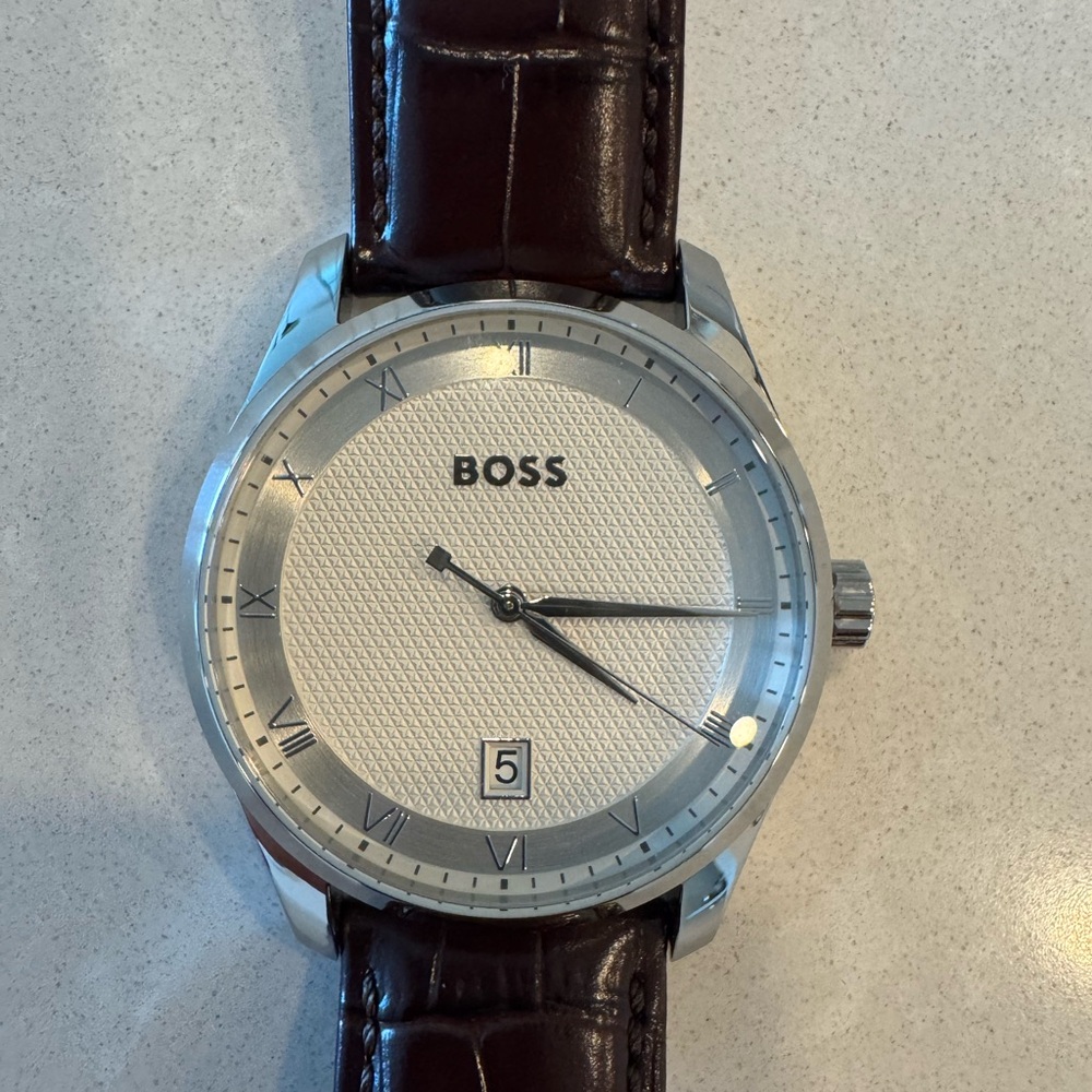 Boss Men's Silver Dial Watch with Brown Leather Strap